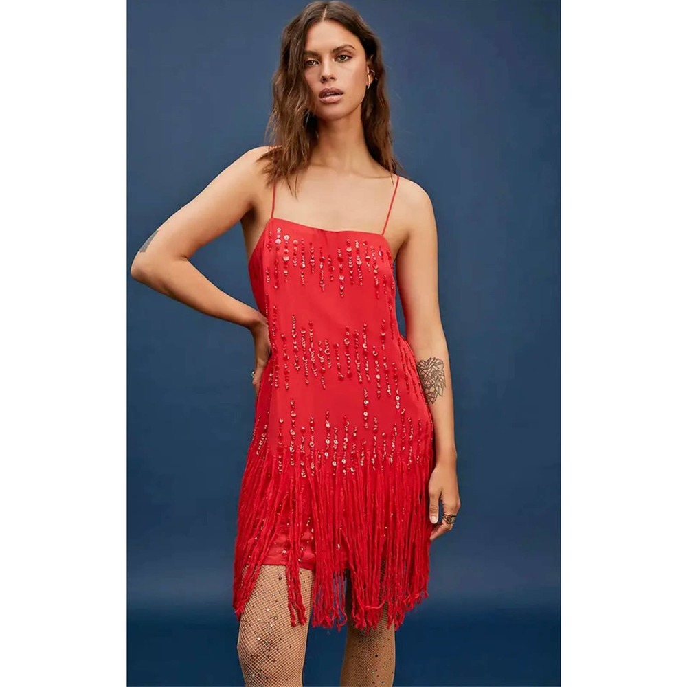 Free People Red Crystal Clear Fringe Sequin Embellished Mini Dress Medium